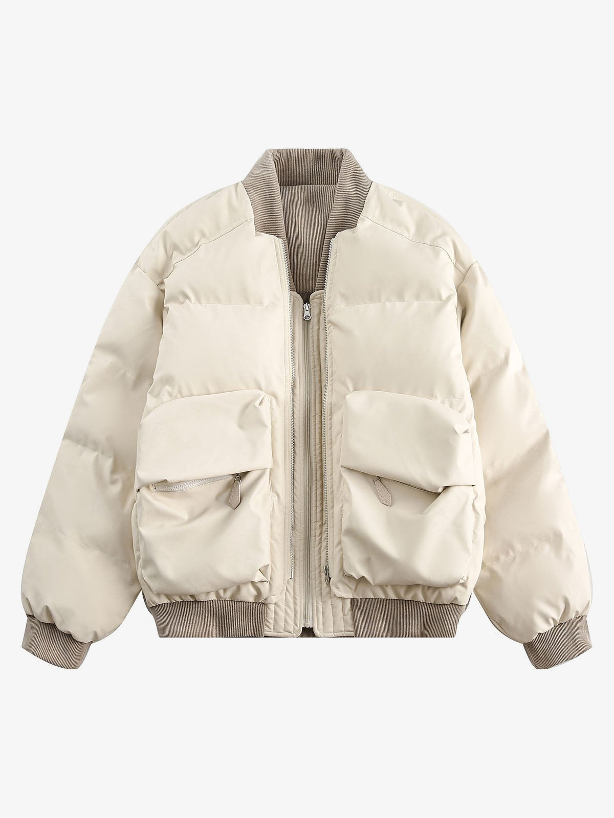 Puffer Bomber Jacket with Cargo Pockets – Beige, front flat view | XoKool