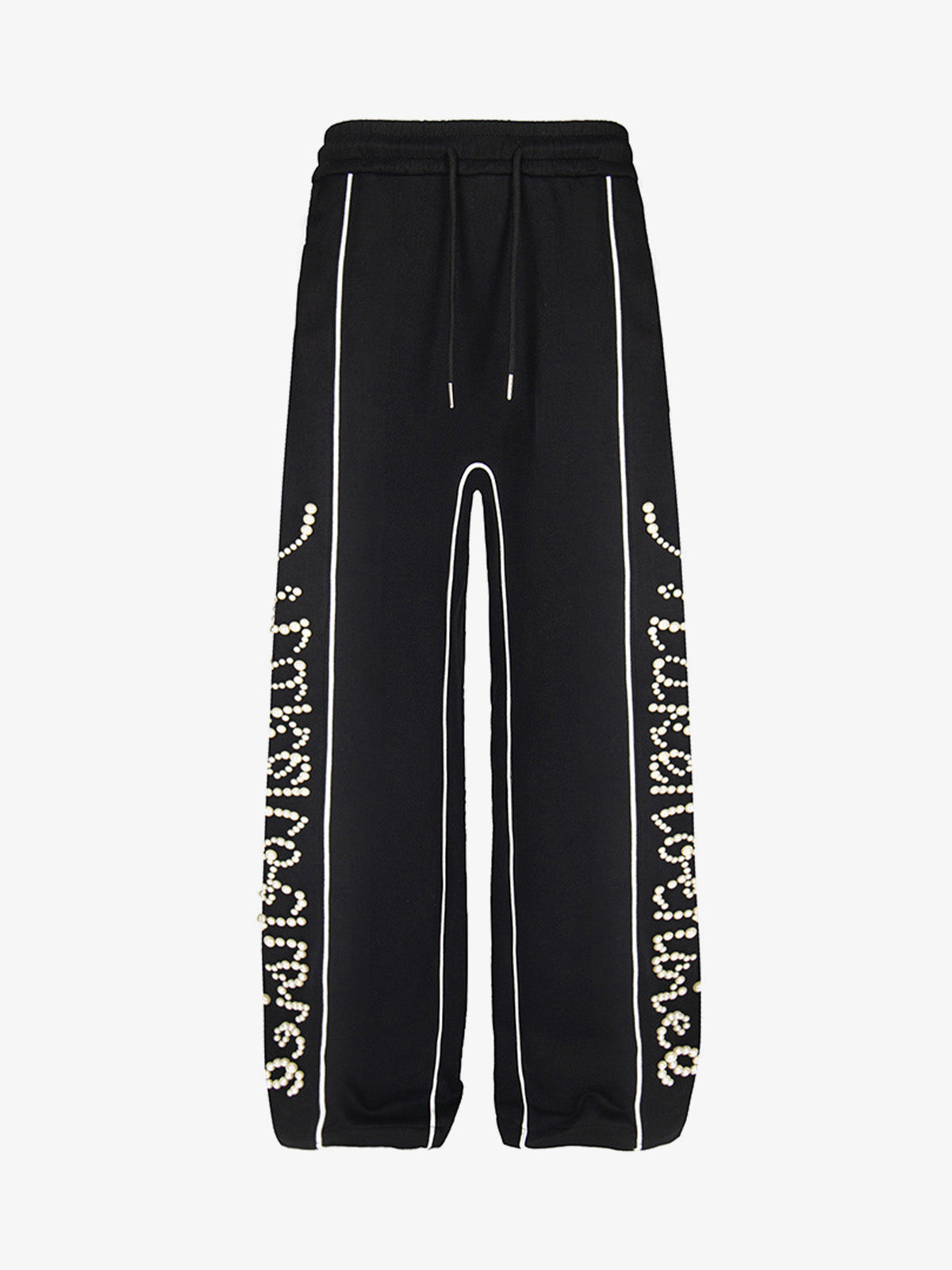Pearl Letter Wide Leg Sweatpants with Piping – Black, front flat | XoKool