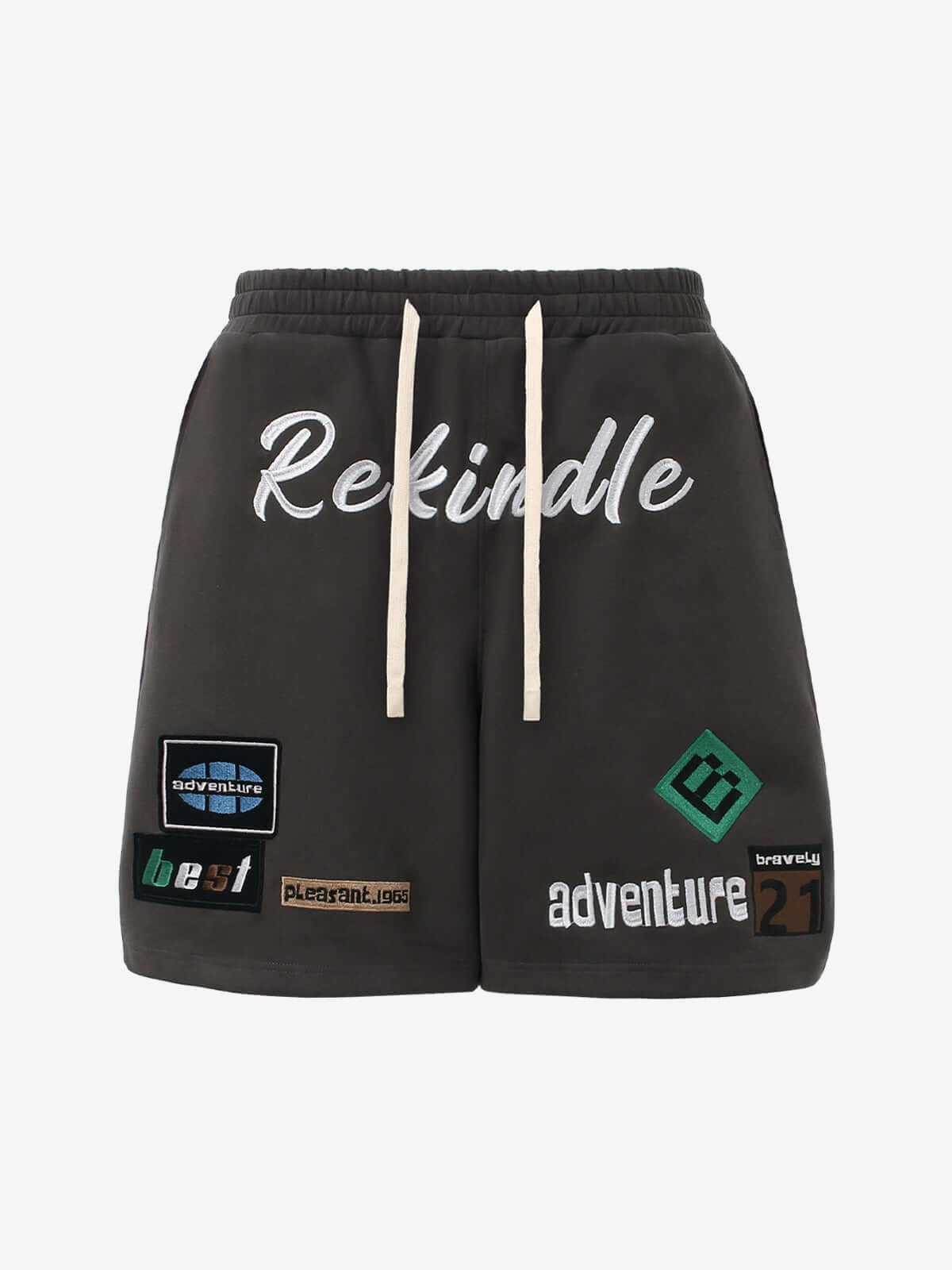 Sweat Shorts with Embroidered Patches – Charcoal Brown, front flat | XoKool