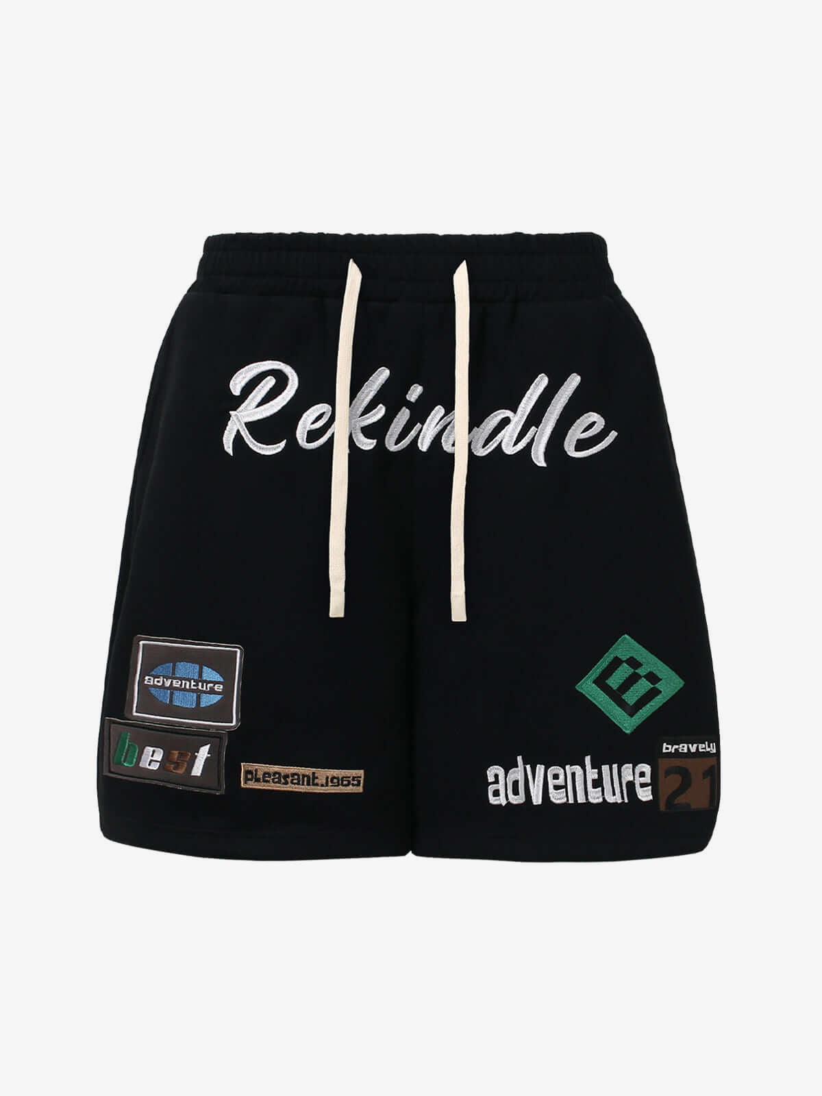 Sweat-Shorts mit gestickten Patches – Schwarz, Vorderseite flach | XoKool