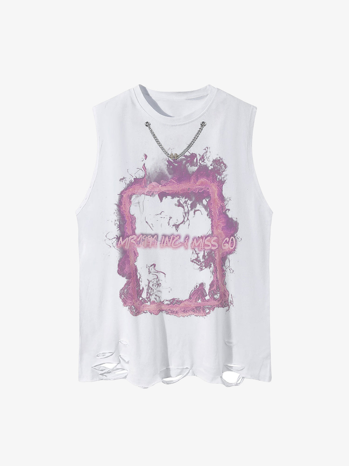 Camiseta sin mangas acid wash con marco de humo y cadena – Blanco, vista frontal | XoKool