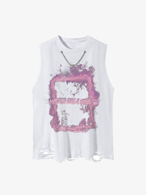 Camiseta sin mangas acid wash con marco de humo y cadena – Blanco, vista frontal | XoKool