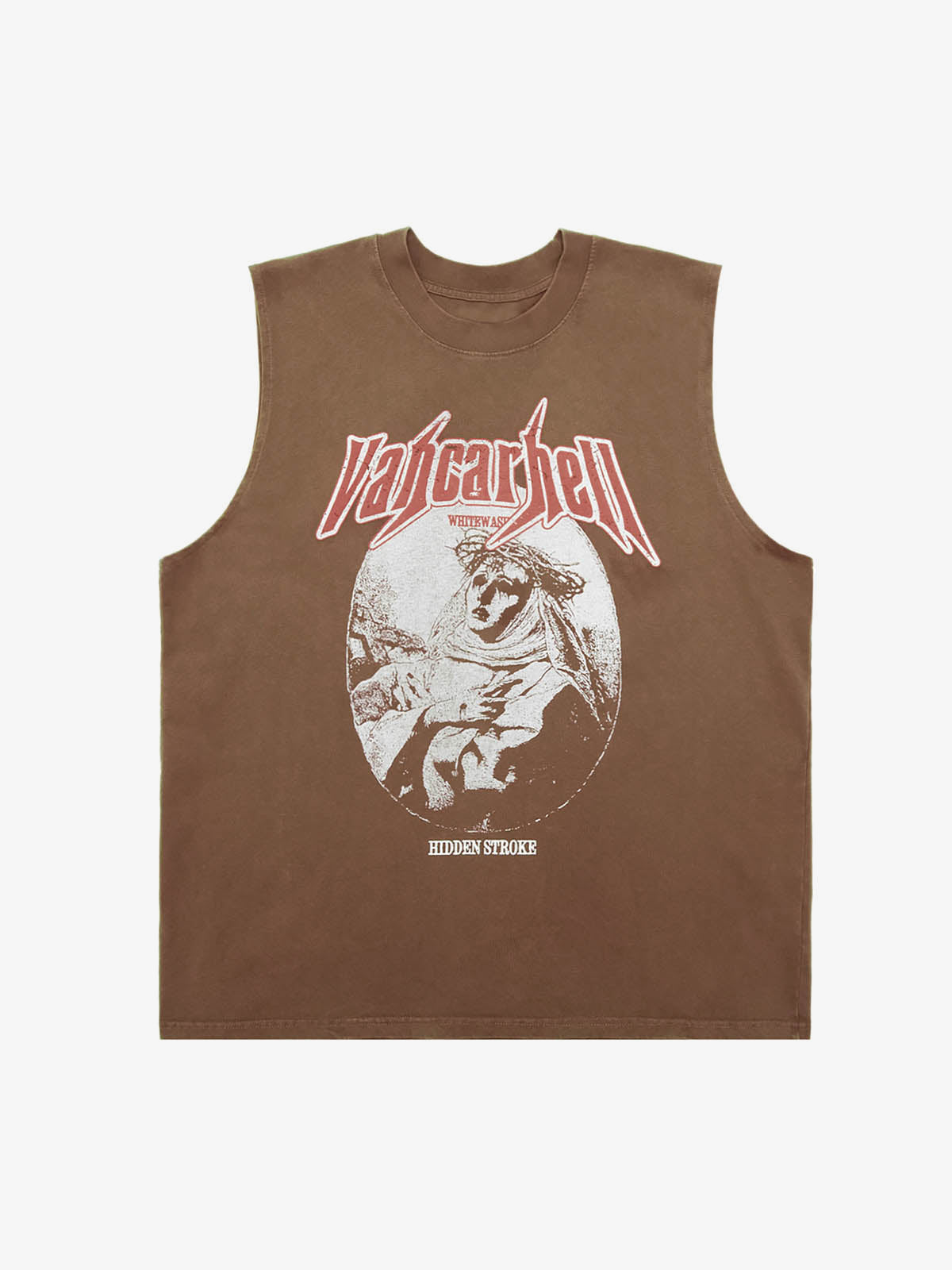 Camiseta sin mangas oversize efecto lavado con letras metálicas – Marrón, vista frontal | XoKool