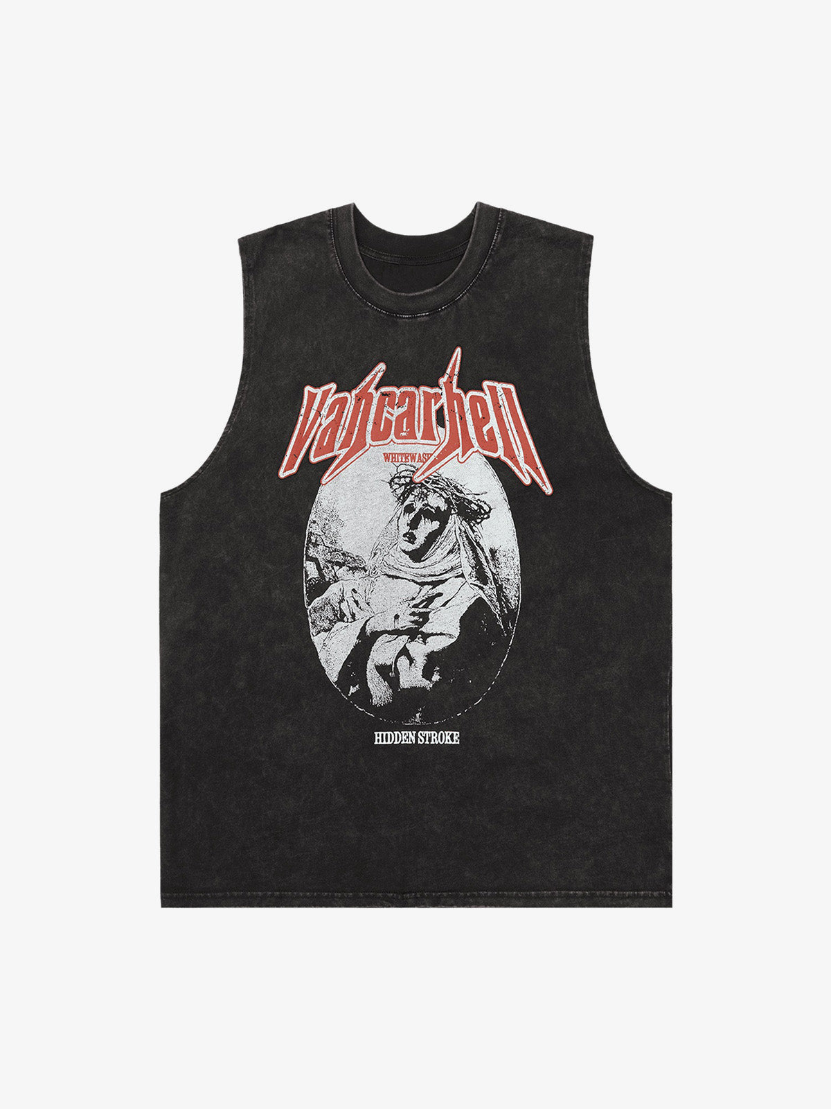Camiseta sin mangas oversize efecto lavado con letras metálicas – Negro, vista frontal | XoKool