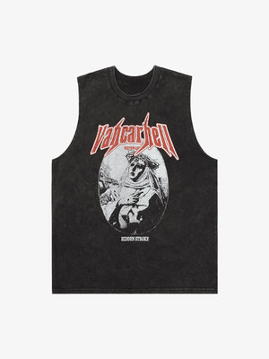 Camiseta sin mangas oversize efecto lavado con letras metálicas – Negro, vista frontal | XoKool