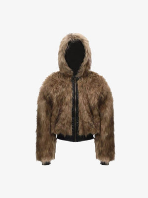 Reversible Hooded Jacket in Black PU and Faux Fur – Brown fur side, front | XoKool