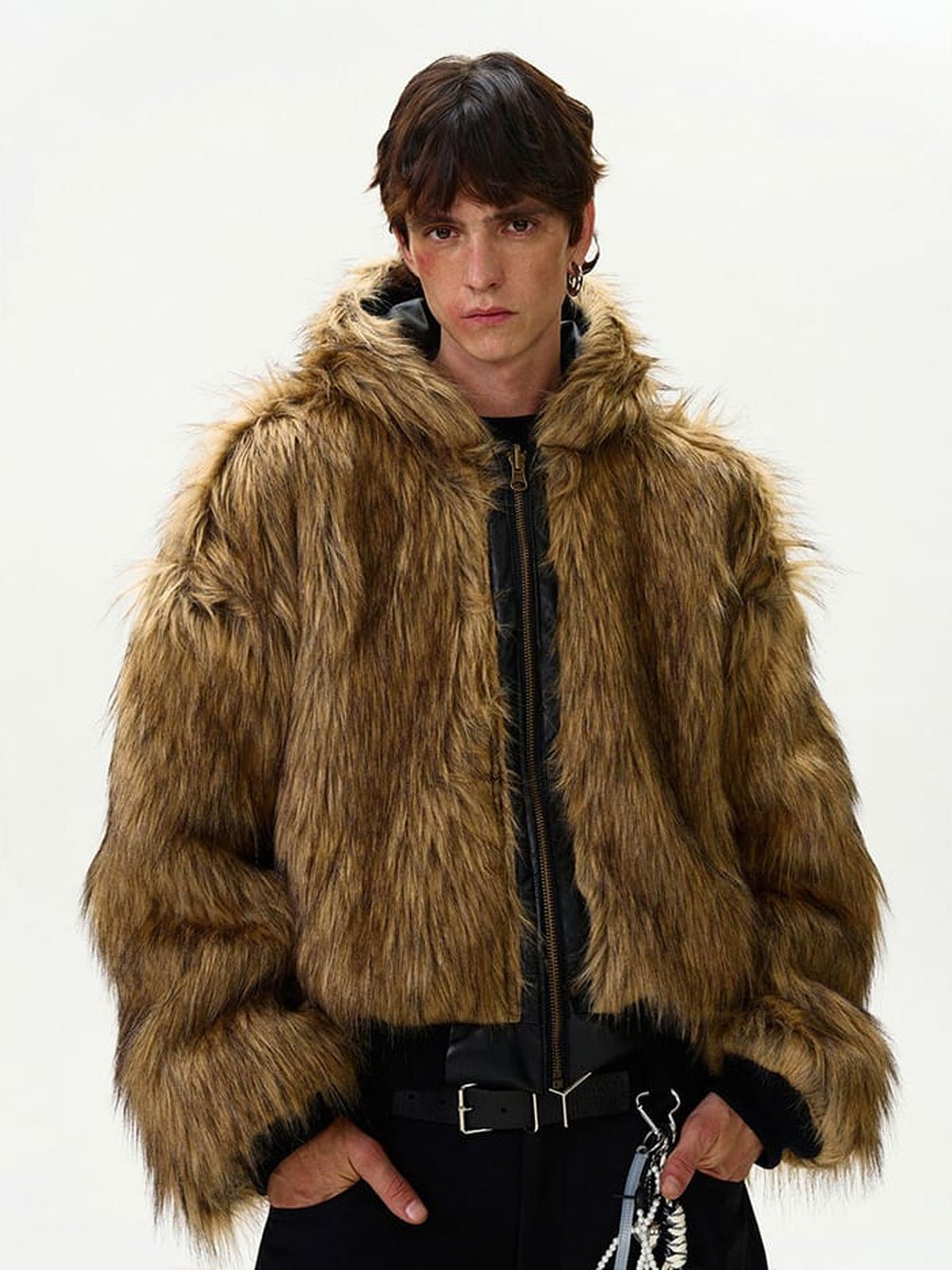 Reversible Hooded Jacket in Black PU and Faux Fur – on model, fur side, close | XoKool