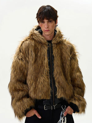 Reversible Hooded Jacket in Black PU and Faux Fur – on model, fur side, close | XoKool