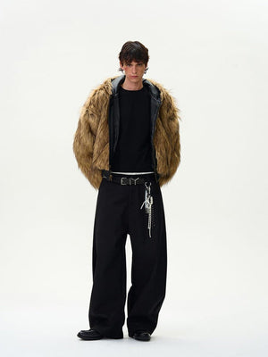 Reversible Hooded Jacket in Black PU and Faux Fur – on model, fur side, full length | XoKool