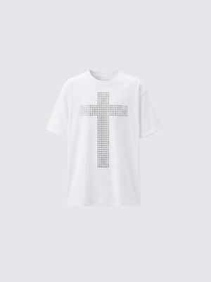 Camiseta blanca con cruz de strass – blanco, vista frontal | XoKool