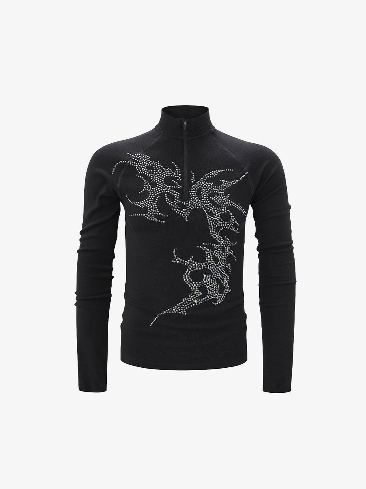 Rhinestone Quarter Zip Long Sleeve Shirt with Tribal Flames – Black, front flat view | XoKool