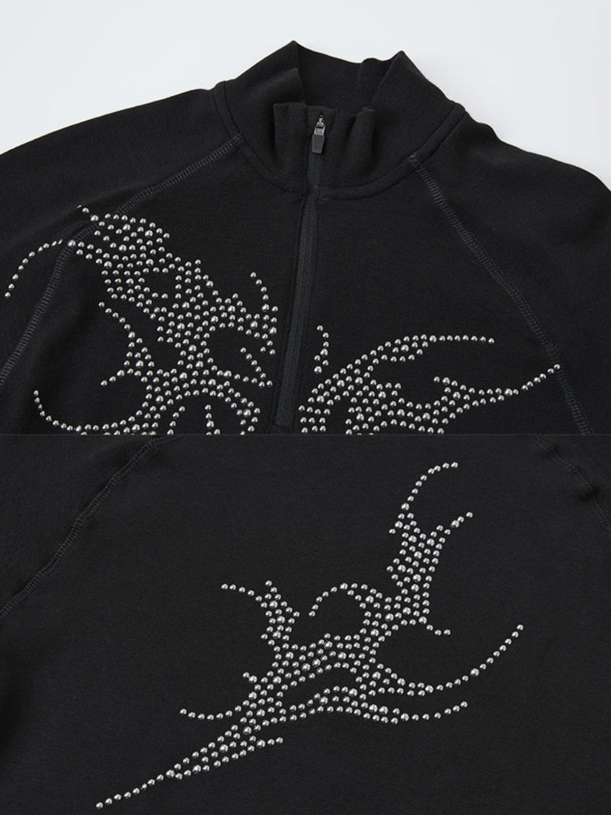 Rhinestone quarter zip shirt – Black, zip and studs close-up | XoKool