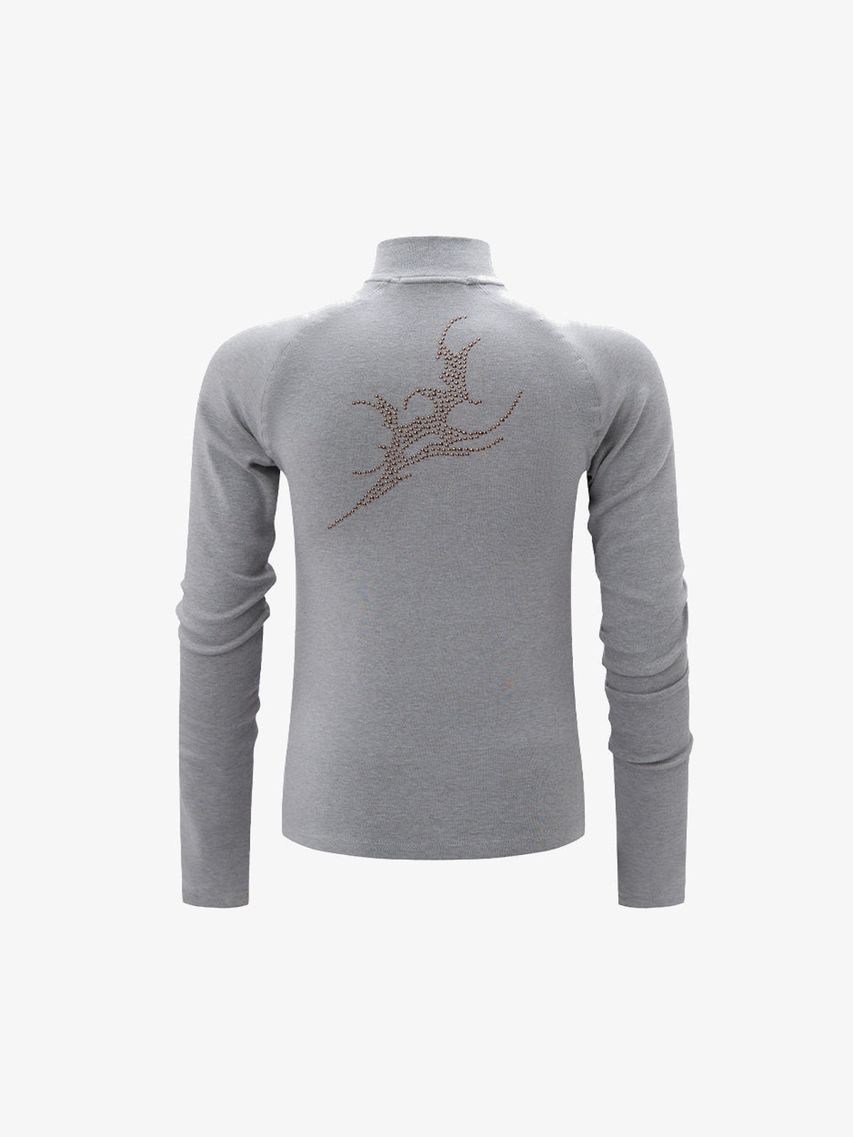 Rhinestone Quarter Zip Long Sleeve Shirt with Tribal Flames – Grey, back flat view | XoKool