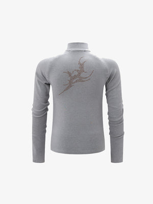 Rhinestone Quarter Zip Long Sleeve Shirt with Tribal Flames – Grey, back flat view | XoKool