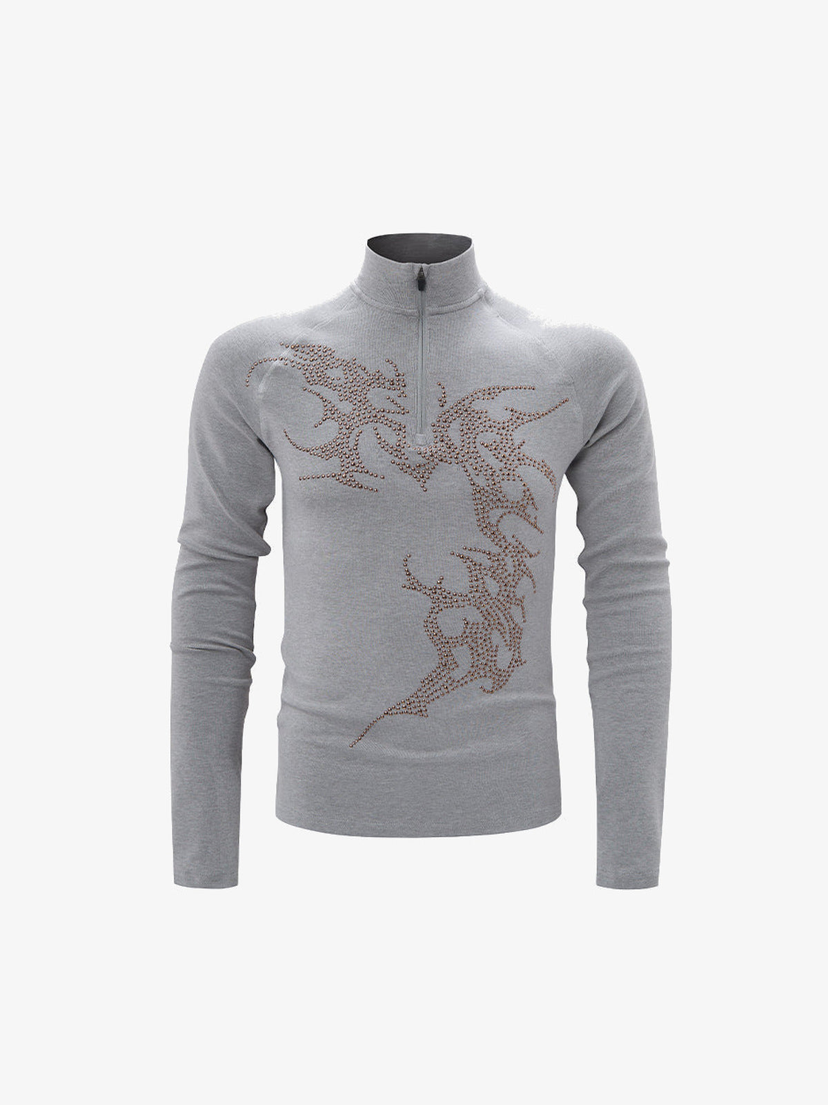 Rhinestone Quarter Zip Long Sleeve Shirt with Tribal Flames – Grey, front flat view | XoKool