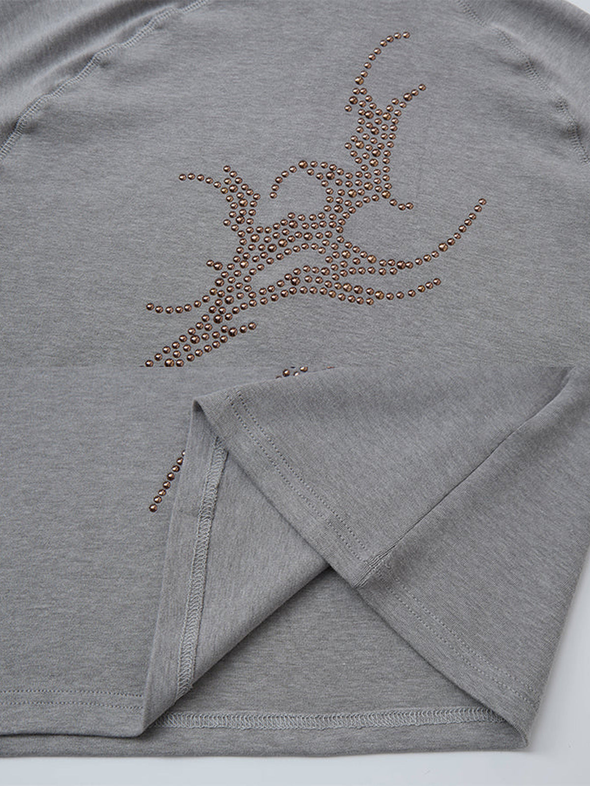 Rhinestone quarter zip shirt – Grey, stud design and hem slit close-up | XoKool