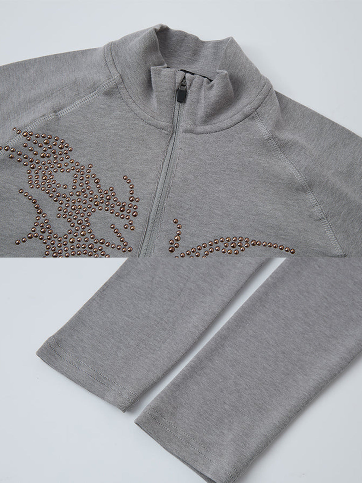 Rhinestone quarter zip shirt – Grey, zip and studs close-up | XoKool