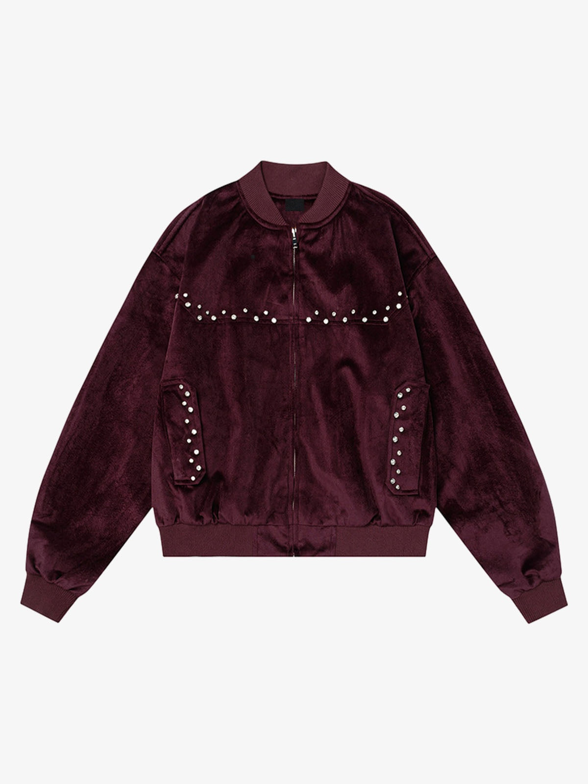 Rhinestone Velvet Bomber Jacket – Burgundy, front flat | XoKool