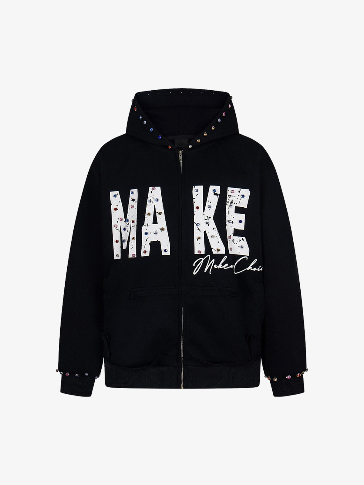 Rhinestone Zip Up Hoodie with Distressed Letters – Black, front view | XoKool