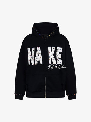 Rhinestone Zip Up Hoodie with Distressed Letters – Black, front view | XoKool