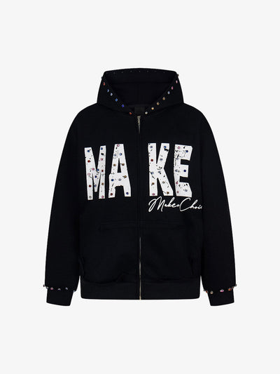 Rhinestone Zip Up Hoodie with Distressed Letters