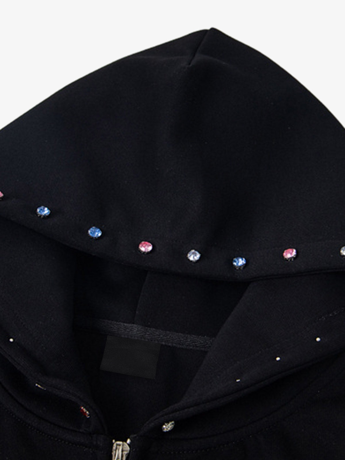 Rhinestone zip up hoodie – Black, hood rhinestones close-up | XoKool