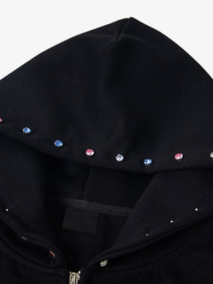 Rhinestone zip up hoodie – Black, hood rhinestones close-up | XoKool