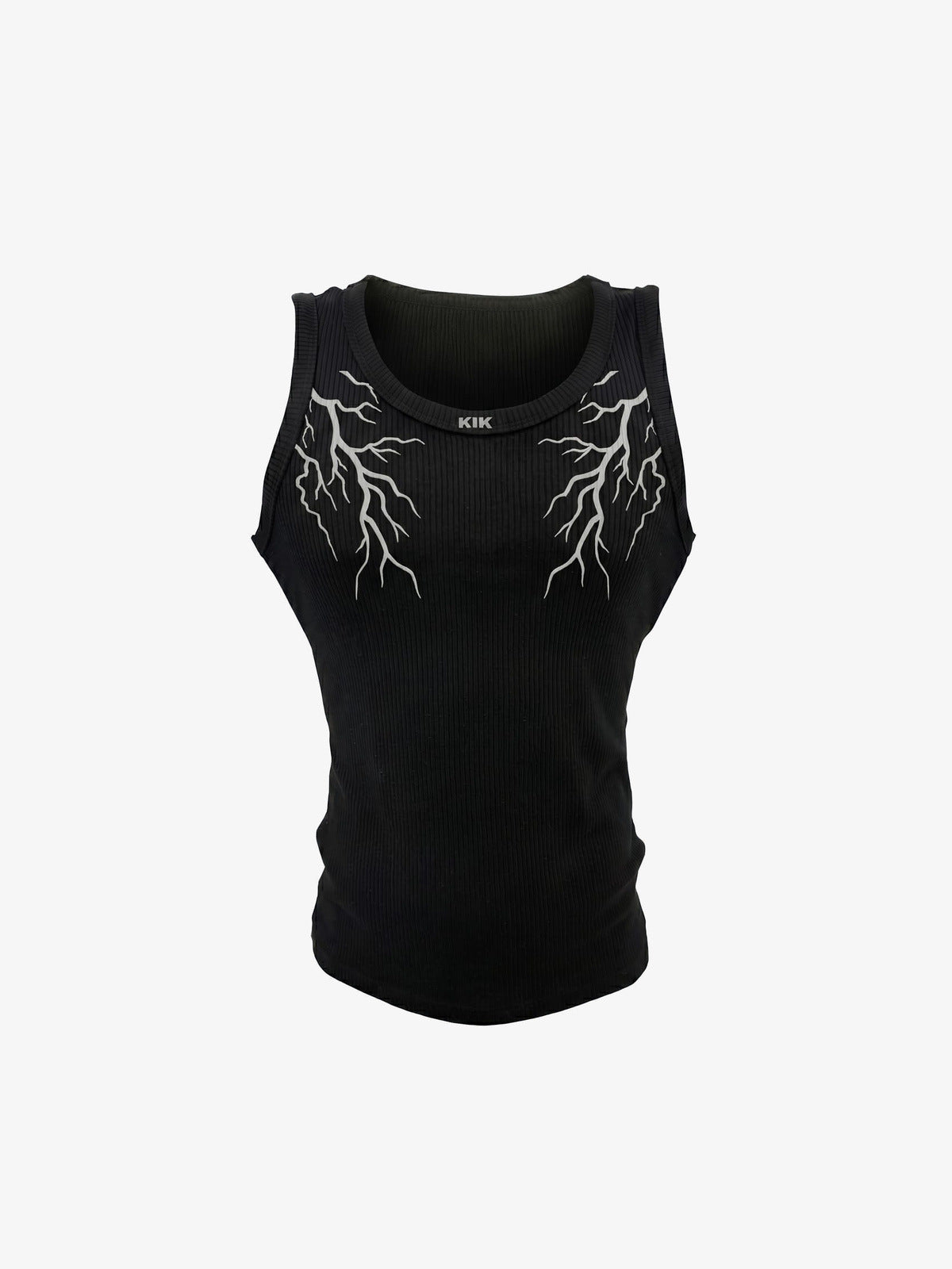 Geripptes Tanktop mit Blitz-Grafik – Schwarz, Vorderseite flach | XoKool