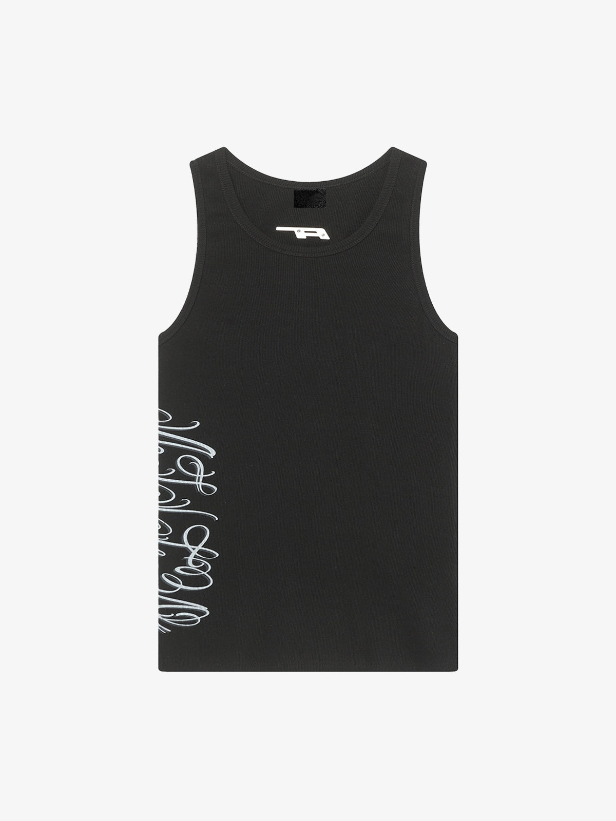 Ribbed Fitted Tank Top with Script Print – Black, front flat | XoKool