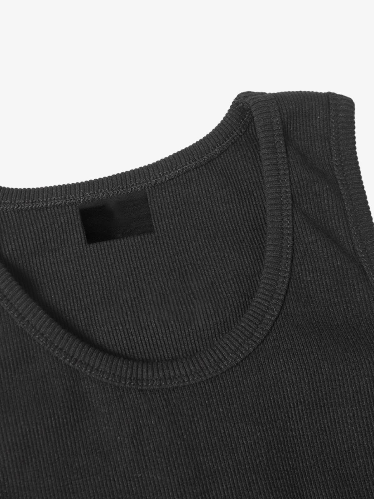 Ribbed Fitted Tank Top with Script Print – Black, neckline close-up | XoKool