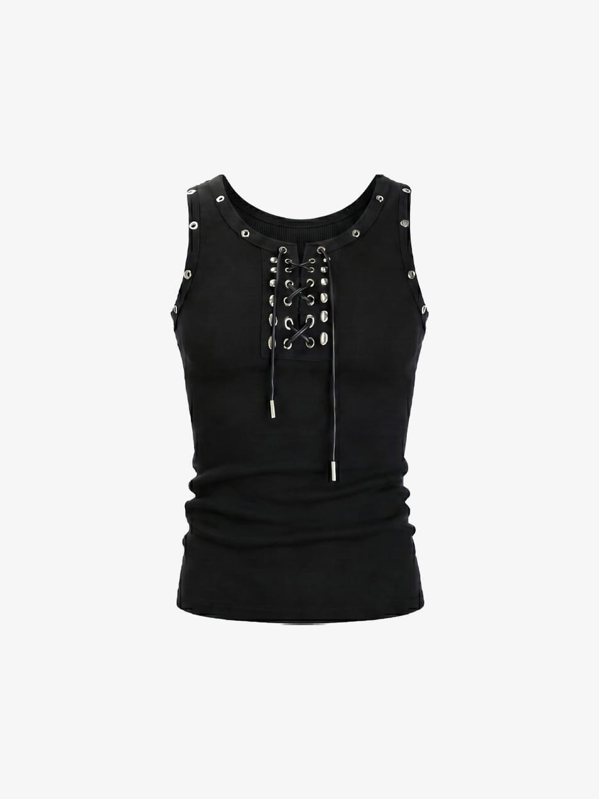 Geripptes Schnür-Tanktop mit Ösen – Schwarz, Vorderansicht flach | XoKool