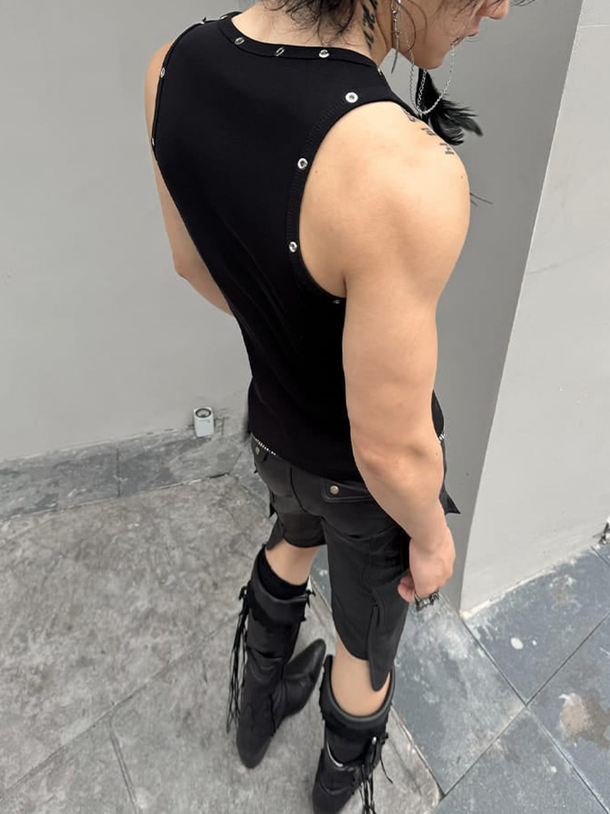 Lace-up tank top – on model, Black, back | XoKool