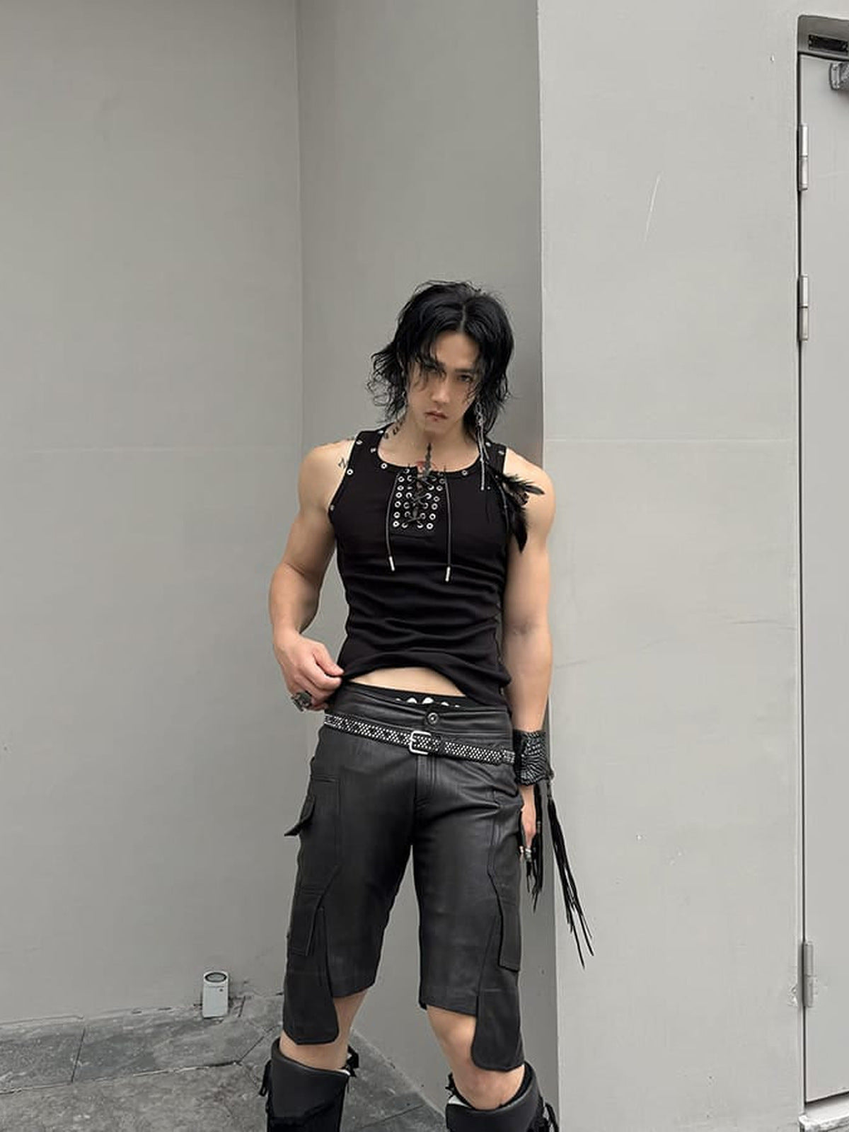 Lace-up tank top – on model, Black, full | XoKool