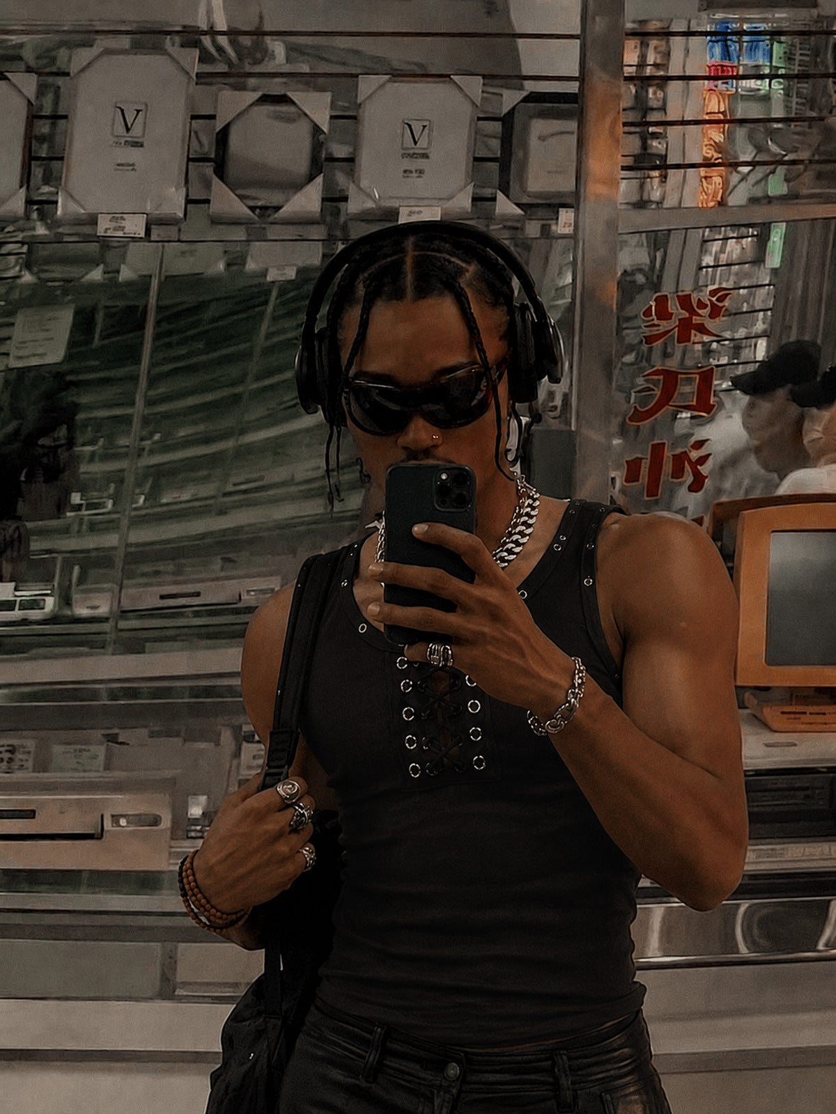 Ribbed Lace-Up Tank Top with Grommets – on model, Black, mirror selfie | XoKool