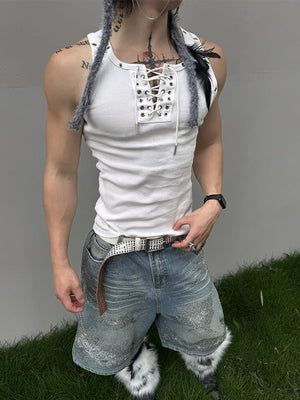 Lace-up tank top – on model, White, front | XoKool