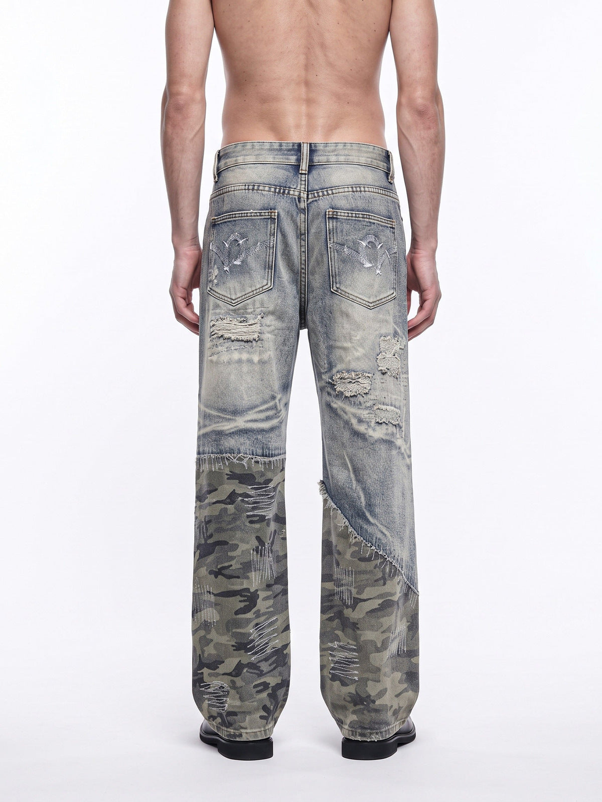 Ripped Camo Patchwork Jeans – on model, back | XoKool