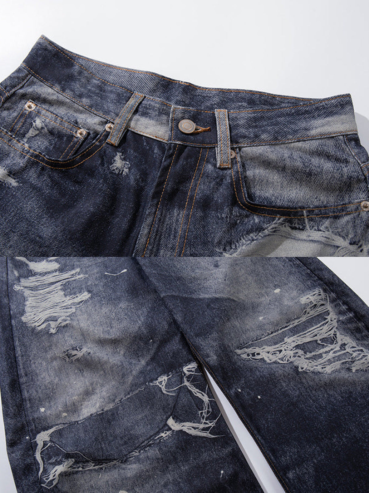 Barrel Jeans – waist and ripped thigh close-up | XoKool