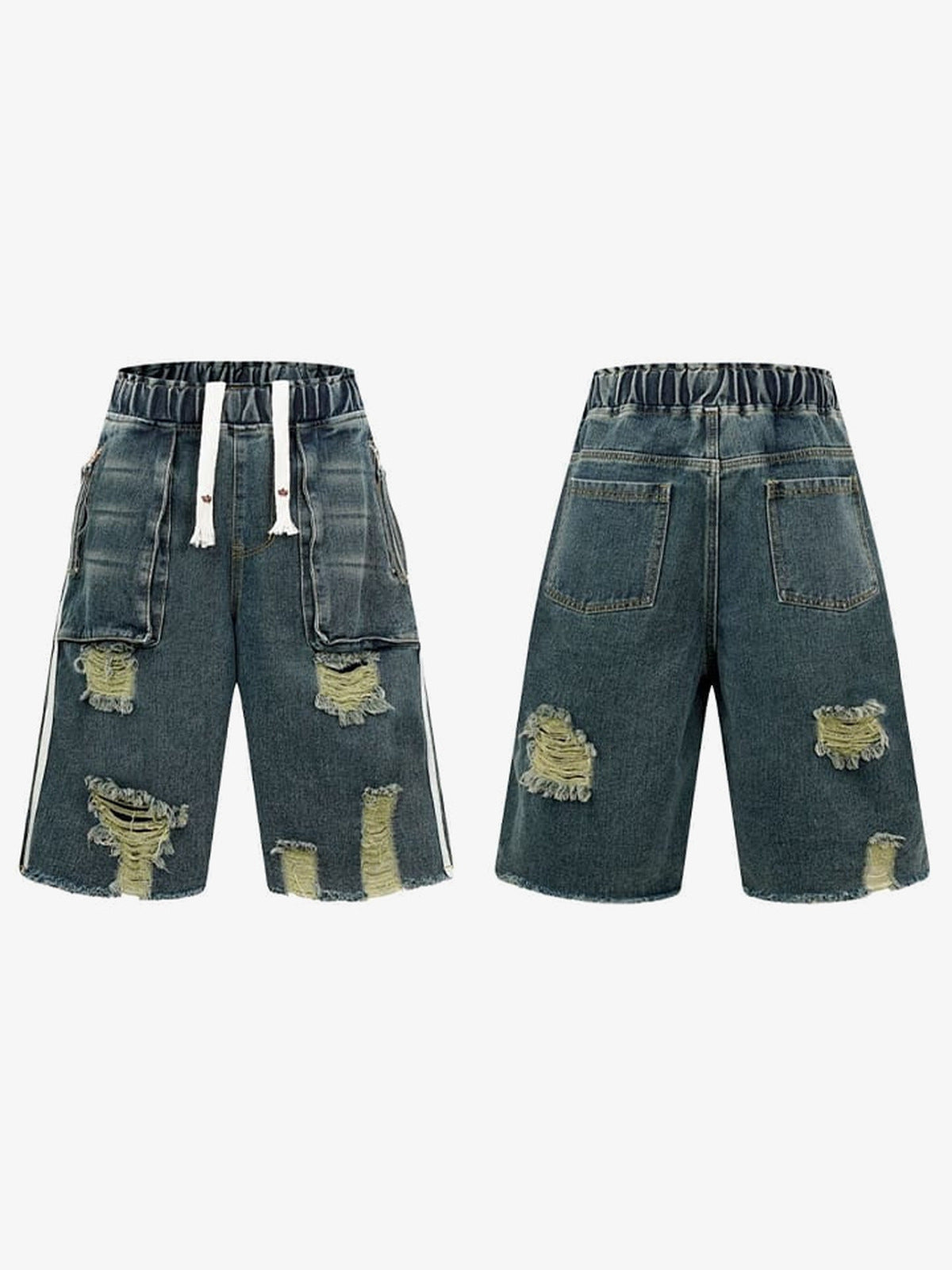 Drawstring denim shorts – Blue, front and back | XoKool