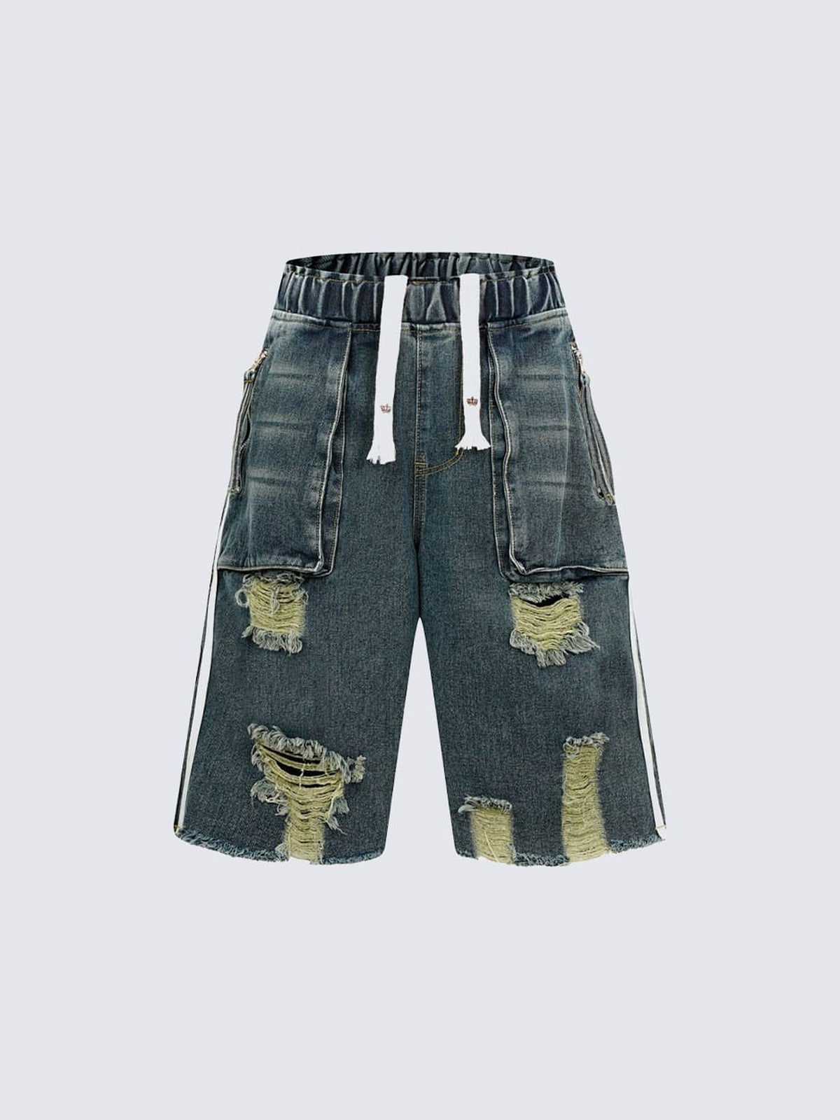 Ripped Jeansshorts mit Tunnelzug und Seitenstreifen – Blau, Vorderseite flach | XoKool