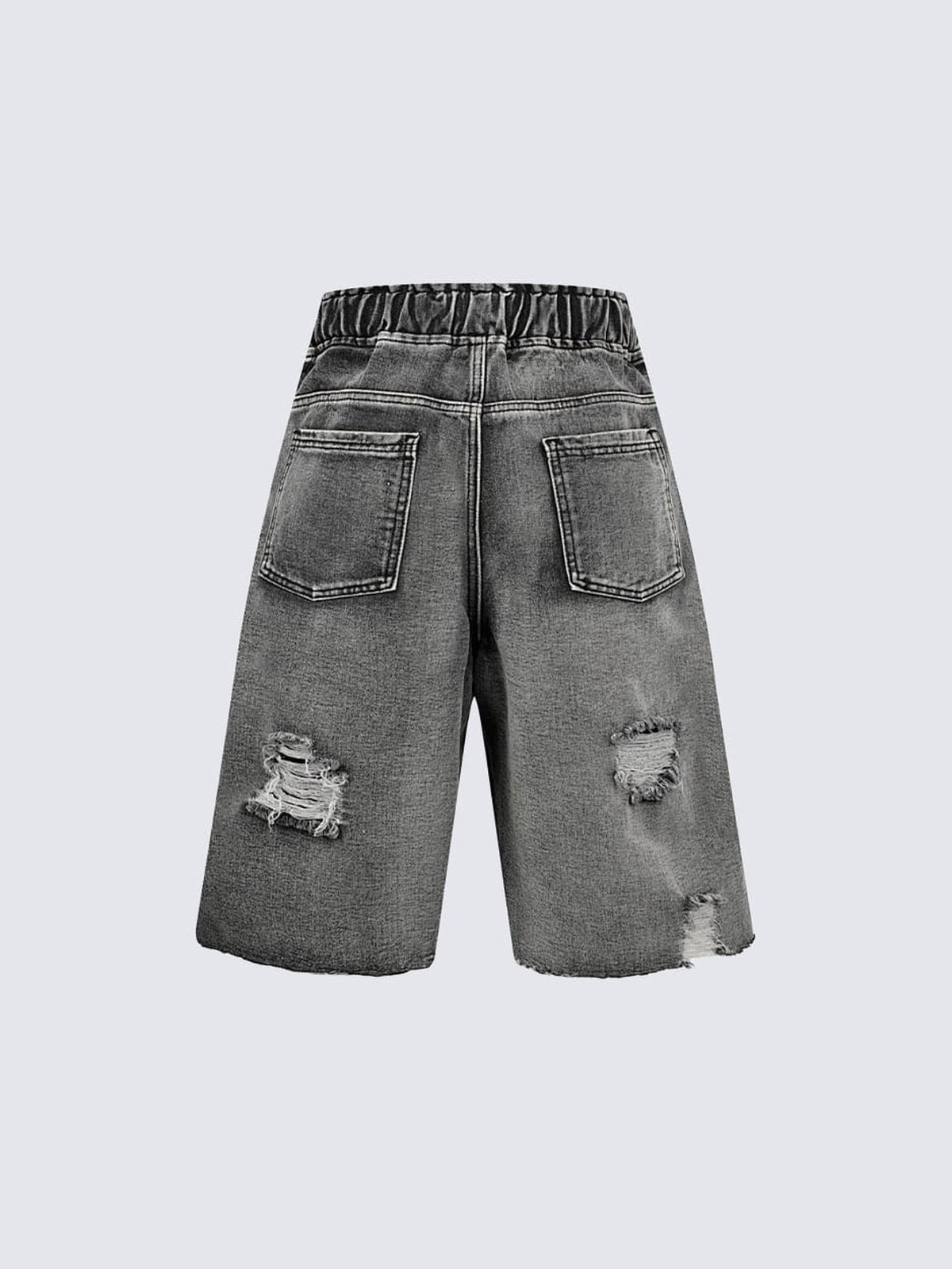 Ripped Drawstring Denim Shorts with Side Stripes – Washed Grey, back flat | XoKool