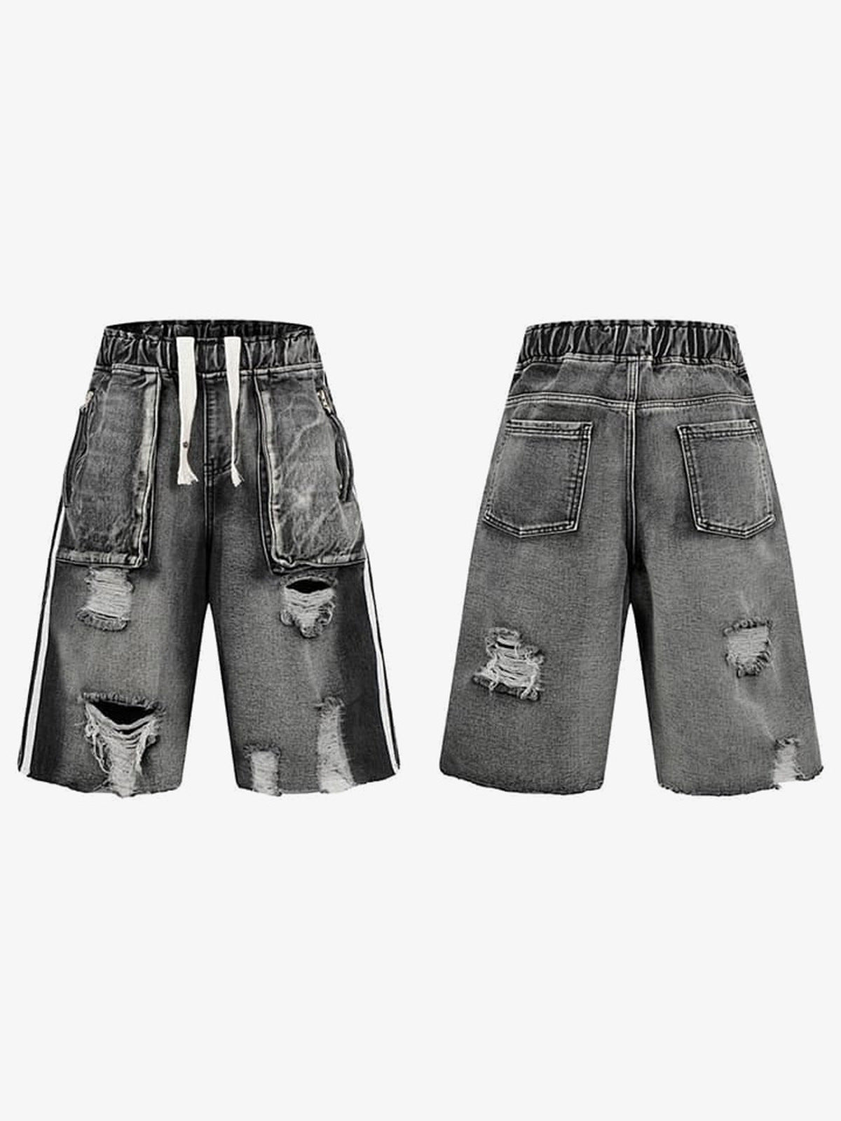 Drawstring denim shorts – Washed Grey, front and back | XoKool