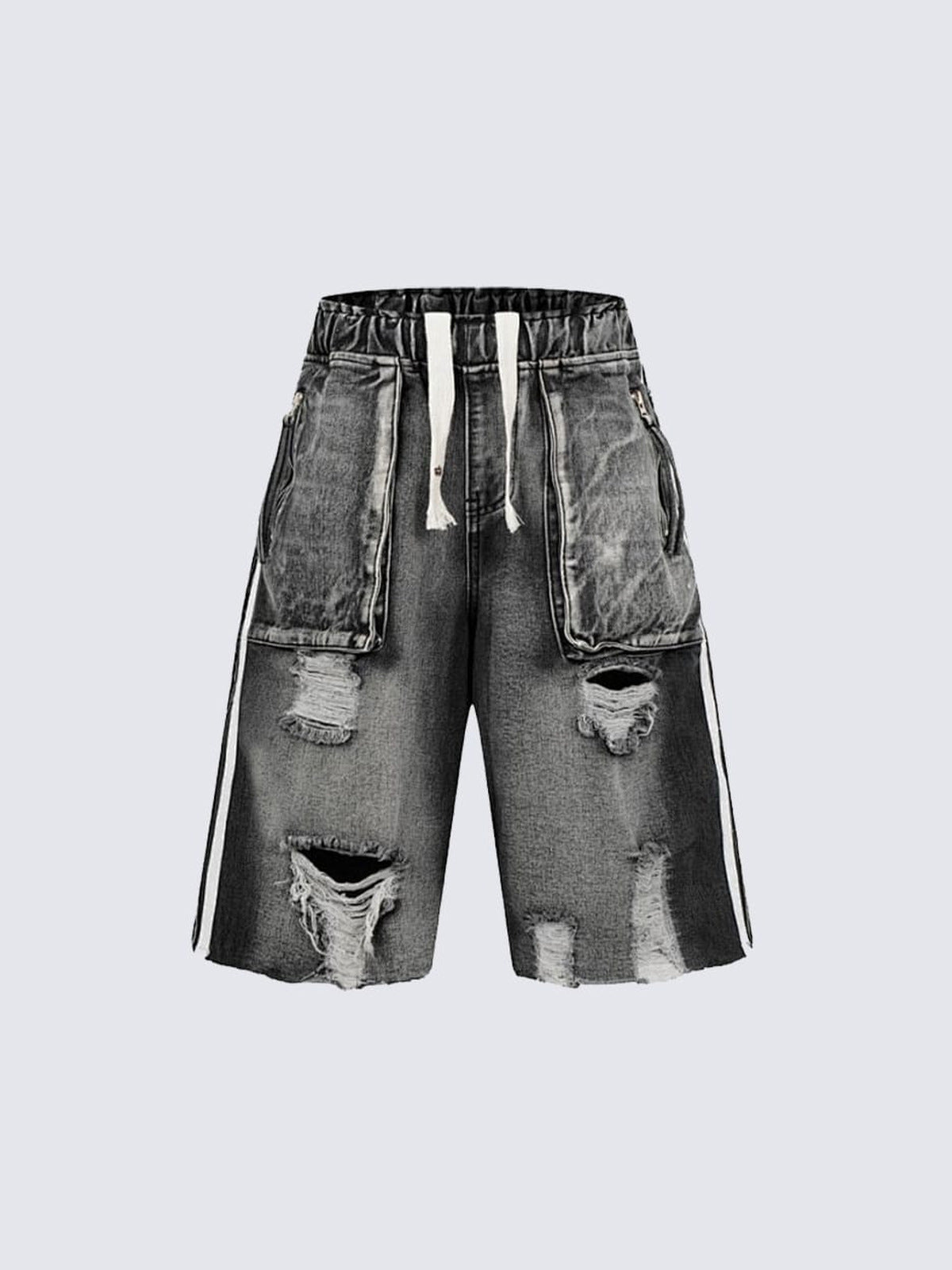 Ripped Jeansshorts mit Tunnelzug und Seitenstreifen – Washed Grau, Vorderseite flach | XoKool
