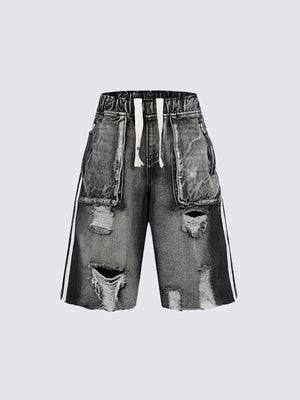 Ripped Drawstring Denim Shorts with Side Stripes – Washed Grey, front flat | XoKool