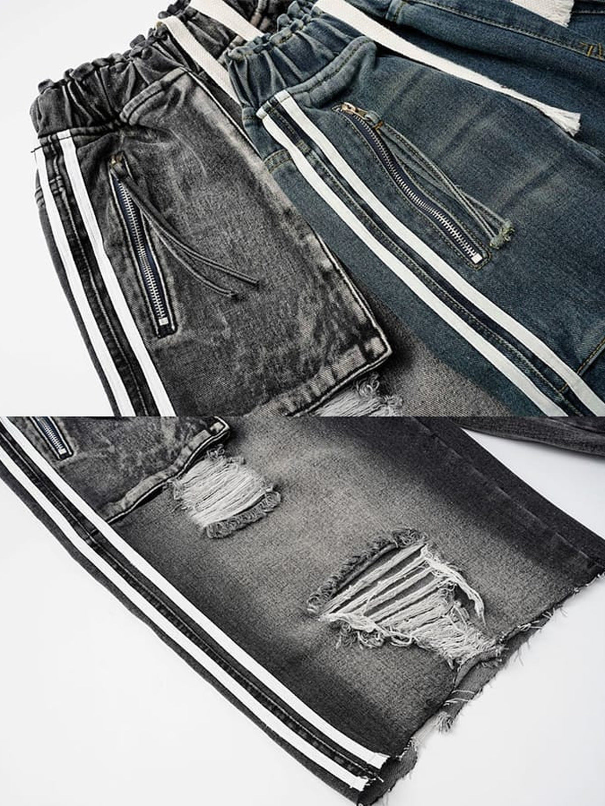 Drawstring denim shorts – Washed Grey, side stripe and rip detail | XoKool