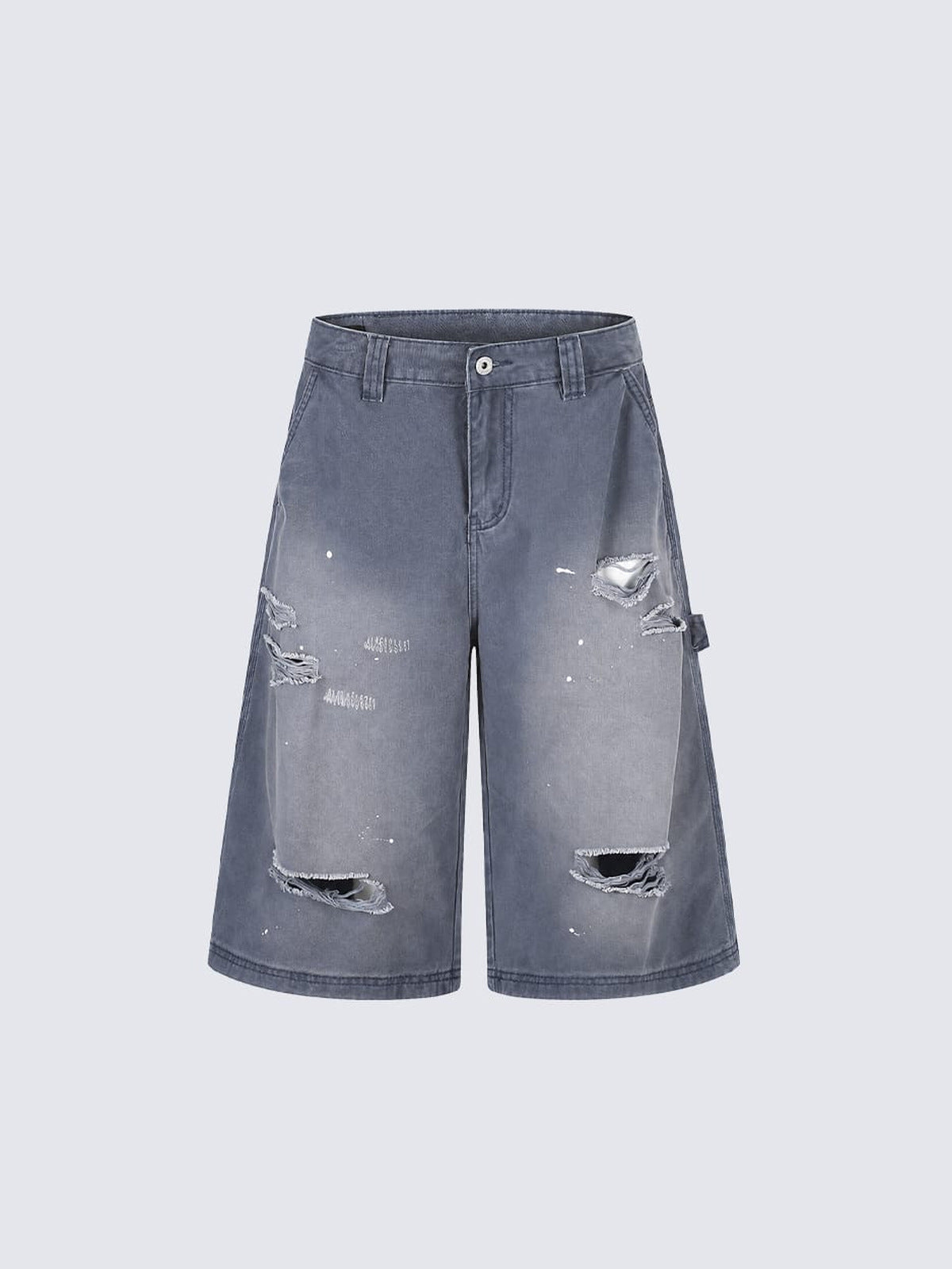 Carpenter Jorts im Used-Look mit Rissen – Faded Graublau, Vorderansicht flach | XoKool