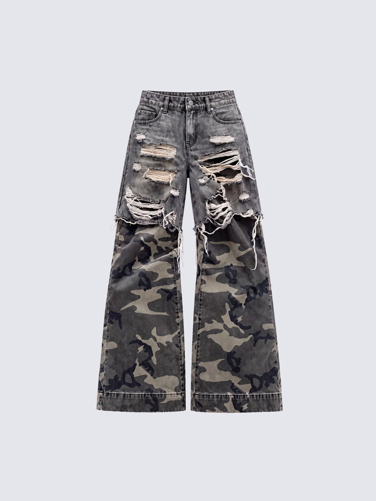Ripped Grey Camo Wide Leg Jeans – front flat | XoKool