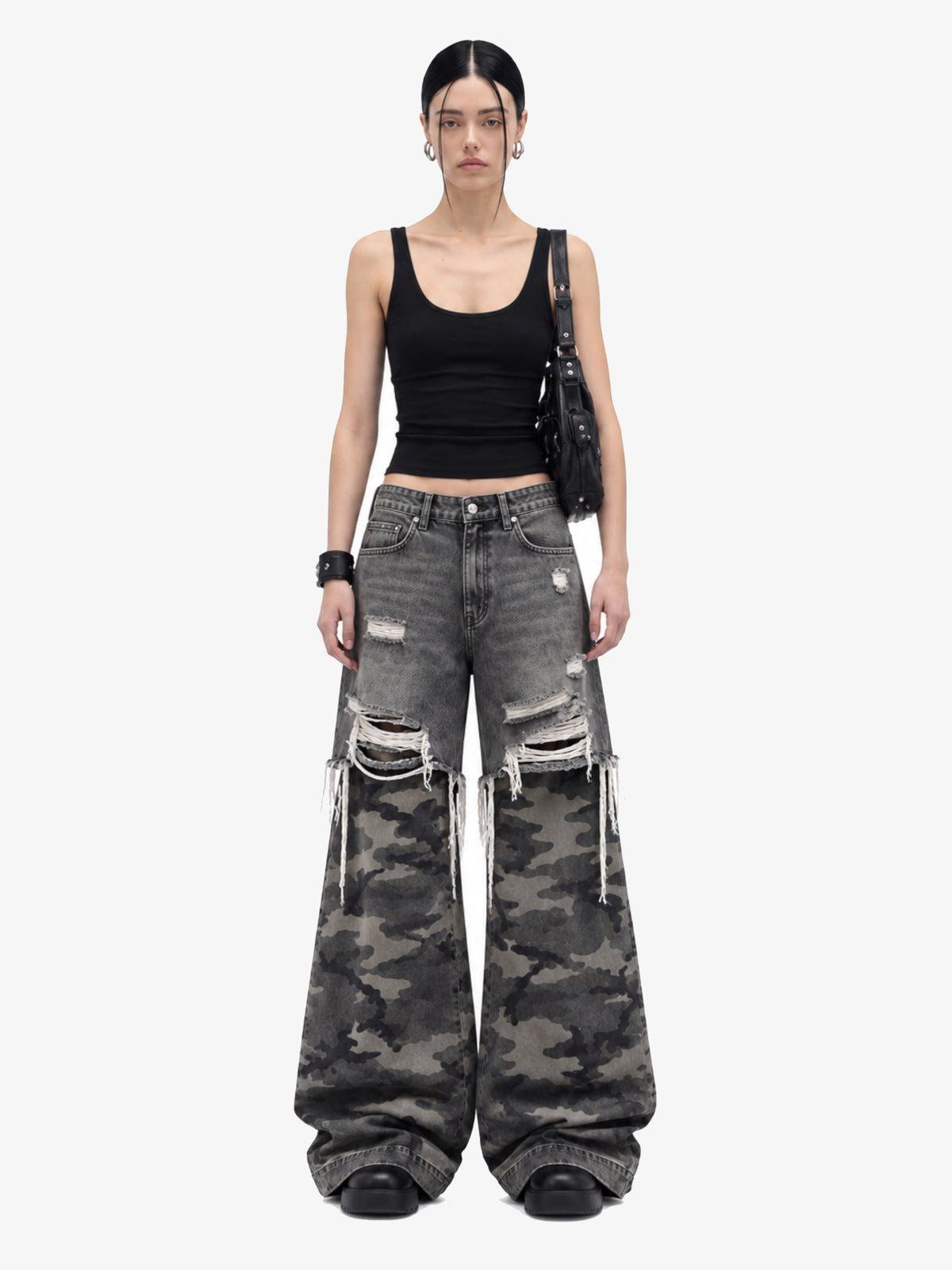 Ripped Grey Camo Wide Leg Jeans – on female model front | XoKool