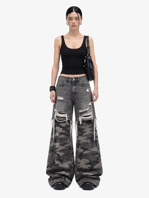 Ripped Grey Camo Wide Leg Jeans – on female model front | XoKool