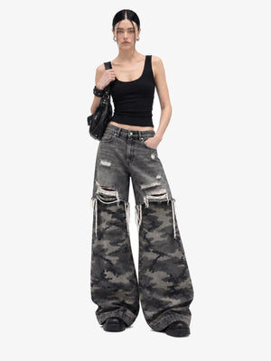 Ripped Grey Camo Wide Leg Jeans – on female model front | XoKool
