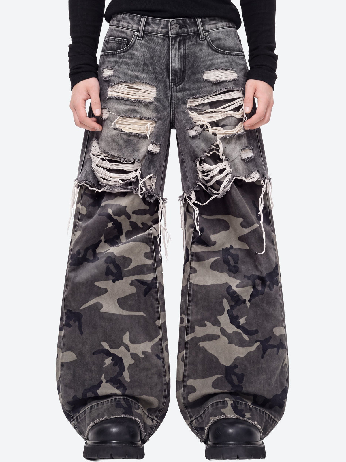 Grey Camo Jeans – on model front close-up | XoKool